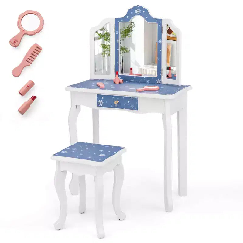 Coiffeuse et Tabouret pour Enfants avec Imprimé Pois Mignon, Miroir Triptyque, Tiroir Rose&Blanc/Rose Clair&Blanc/Rose&Noir/Bleu/Rose