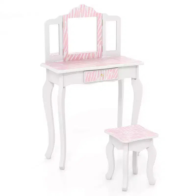 Coiffeuse et Tabouret pour Enfants avec Imprimé Pois Mignon, Miroir Triptyque, Tiroir Rose&Blanc/Rose Clair&Blanc/Rose&Noir/Bleu/Rose