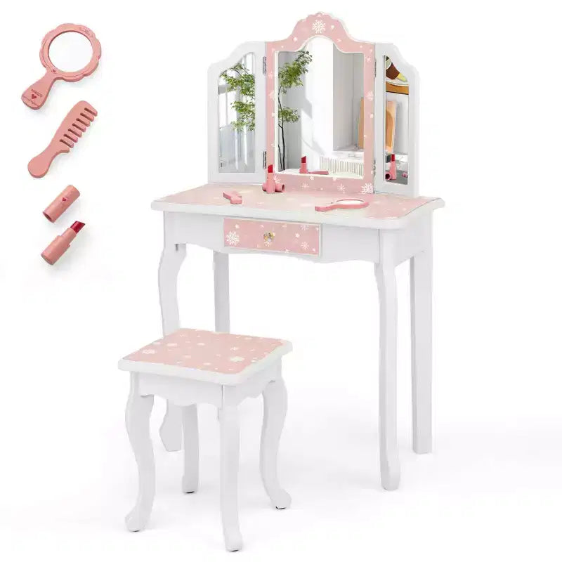 Coiffeuse et Tabouret pour Enfants avec Imprimé Pois Mignon, Miroir Triptyque, Tiroir Rose&Blanc/Rose Clair&Blanc/Rose&Noir/Bleu/Rose