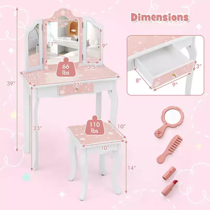 Coiffeuse et Tabouret pour Enfants avec Imprimé Pois Mignon, Miroir Triptyque, Tiroir Rose&Blanc/Rose Clair&Blanc/Rose&Noir/Bleu/Rose