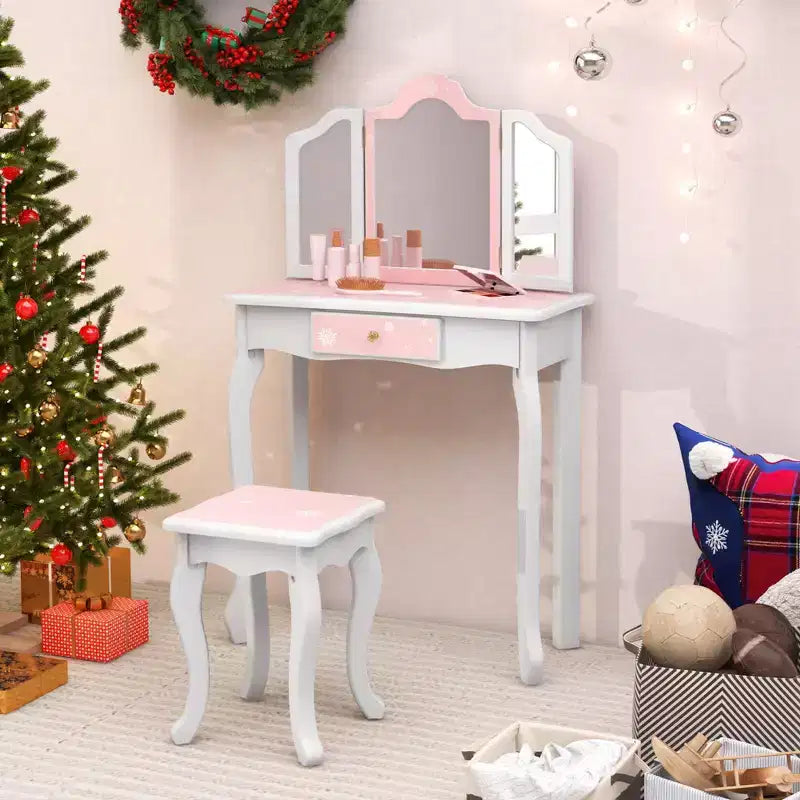 Coiffeuse et Tabouret pour Enfants avec Imprimé Pois Mignon, Miroir Triptyque, Tiroir Rose&Blanc/Rose Clair&Blanc/Rose&Noir/Bleu/Rose