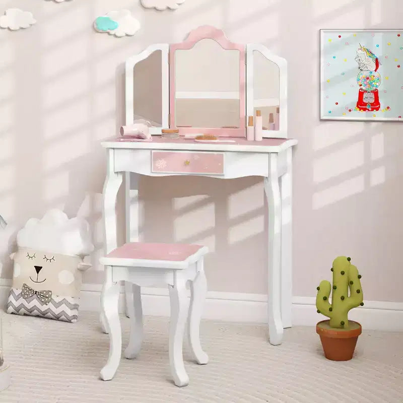 Coiffeuse et Tabouret pour Enfants avec Imprimé Pois Mignon, Miroir Triptyque, Tiroir Rose&Blanc/Rose Clair&Blanc/Rose&Noir/Bleu/Rose