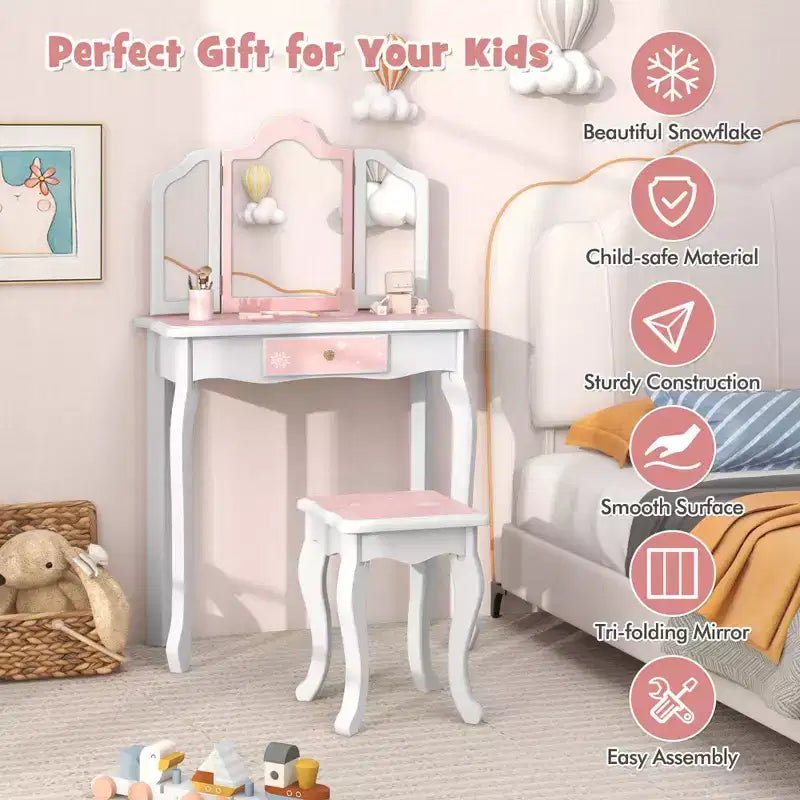 Coiffeuse et Tabouret pour Enfants avec Imprimé Pois Mignon, Miroir Triptyque, Tiroir Rose&Blanc/Rose Clair&Blanc/Rose&Noir/Bleu/Rose
