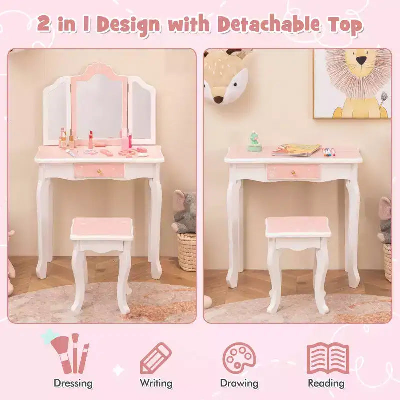 Coiffeuse et Tabouret pour Enfants avec Imprimé Pois Mignon, Miroir Triptyque, Tiroir Rose&Blanc/Rose Clair&Blanc/Rose&Noir/Bleu/Rose