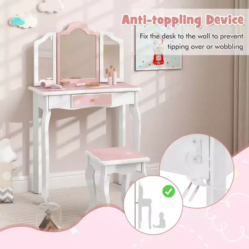 Coiffeuse et Tabouret pour Enfants avec Imprimé Pois Mignon, Miroir Triptyque, Tiroir Rose&Blanc/Rose Clair&Blanc/Rose&Noir/Bleu/Rose