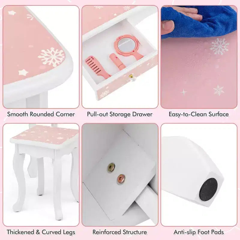 Coiffeuse et Tabouret pour Enfants avec Imprimé Pois Mignon, Miroir Triptyque, Tiroir Rose&Blanc/Rose Clair&Blanc/Rose&Noir/Bleu/Rose