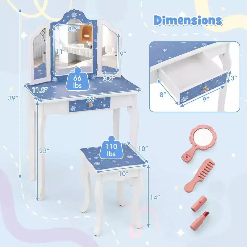 Coiffeuse et Tabouret pour Enfants avec Imprimé Pois Mignon, Miroir Triptyque, Tiroir Rose&Blanc/Rose Clair&Blanc/Rose&Noir/Bleu/Rose