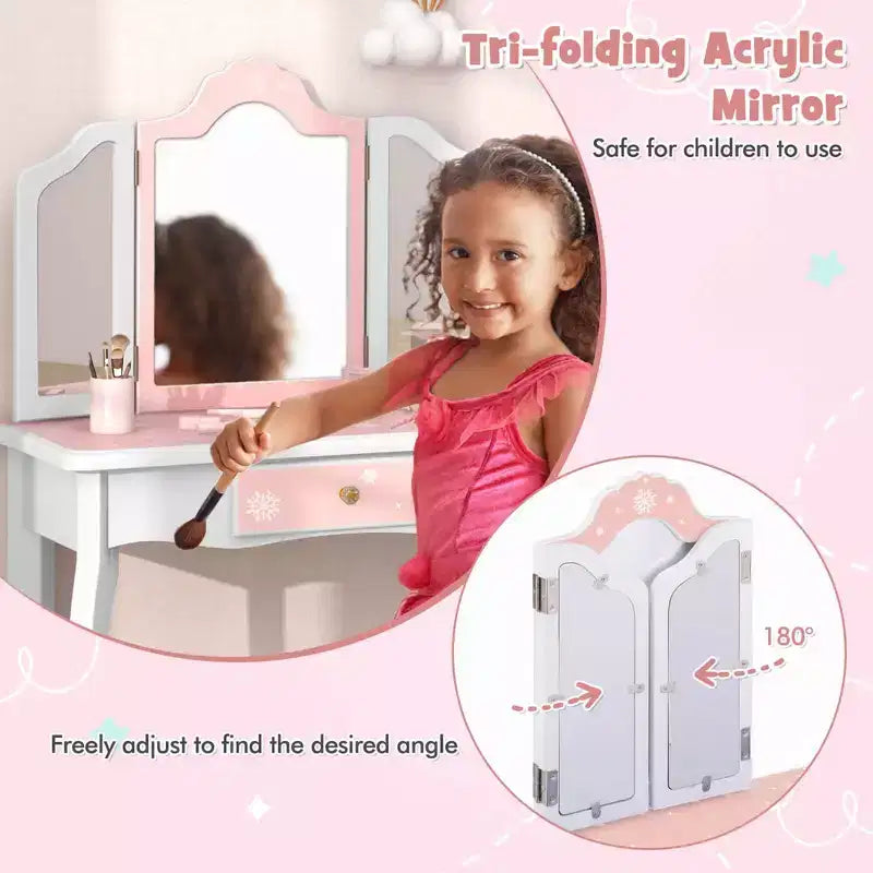 Coiffeuse et Tabouret pour Enfants avec Imprimé Pois Mignon, Miroir Triptyque, Tiroir Rose&Blanc/Rose Clair&Blanc/Rose&Noir/Bleu/Rose