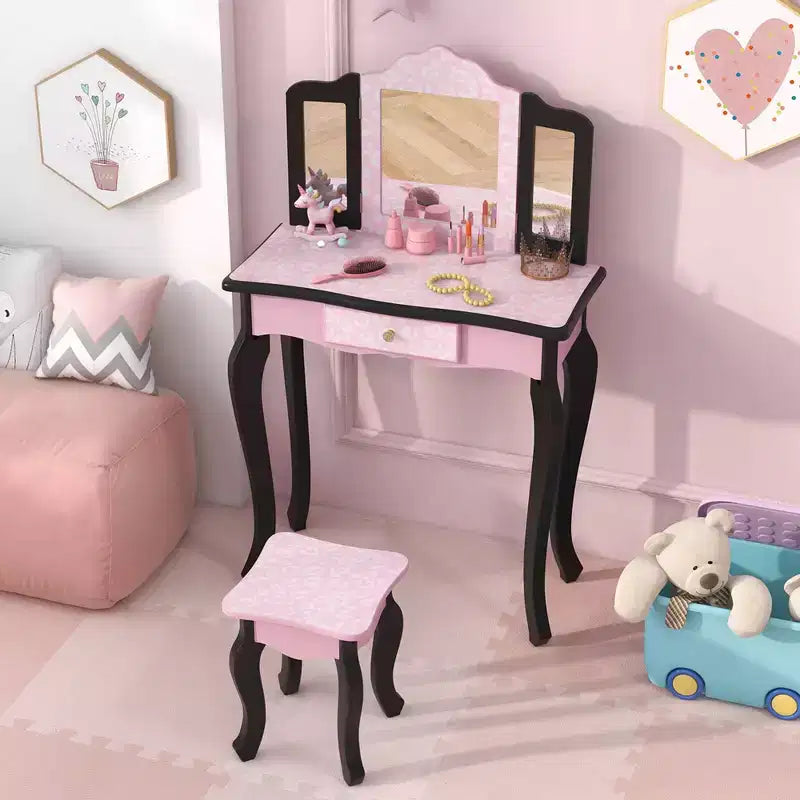 Coiffeuse et Tabouret pour Enfants avec Imprimé Pois Mignon, Miroir Triptyque, Tiroir Rose&Blanc/Rose Clair&Blanc/Rose&Noir/Bleu/Rose