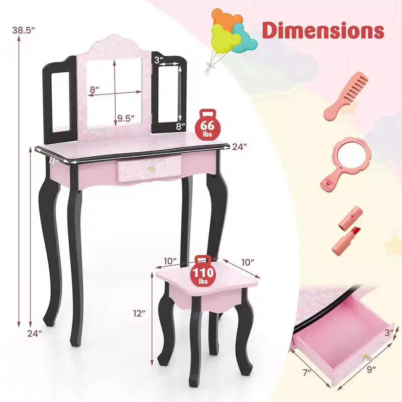 Coiffeuse et Tabouret pour Enfants avec Imprimé Pois Mignon, Miroir Triptyque, Tiroir Rose&Blanc/Rose Clair&Blanc/Rose&Noir/Bleu/Rose