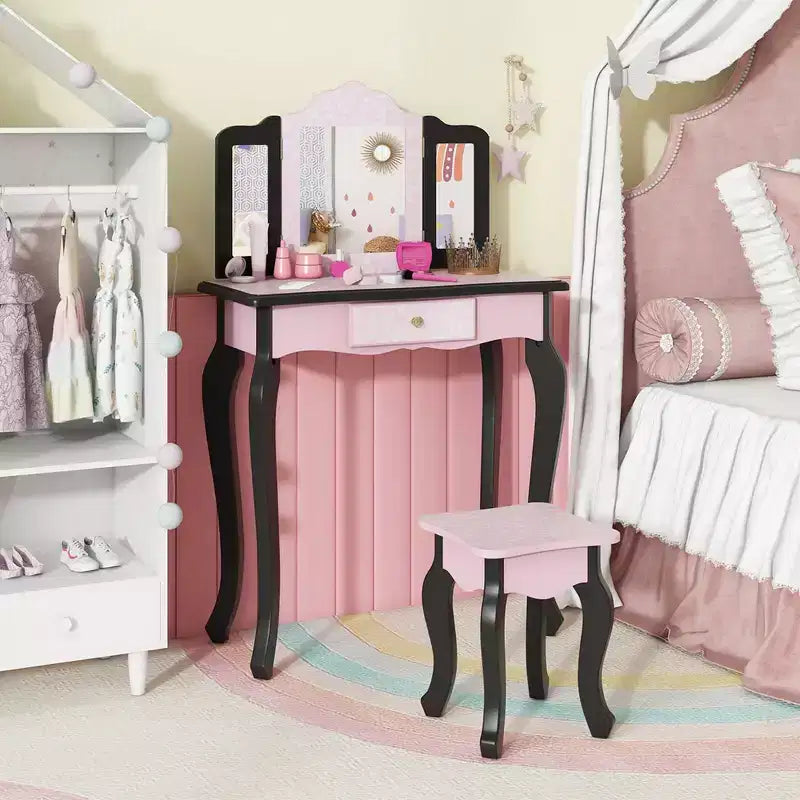 Coiffeuse et Tabouret pour Enfants avec Imprimé Pois Mignon, Miroir Triptyque, Tiroir Rose&Blanc/Rose Clair&Blanc/Rose&Noir/Bleu/Rose