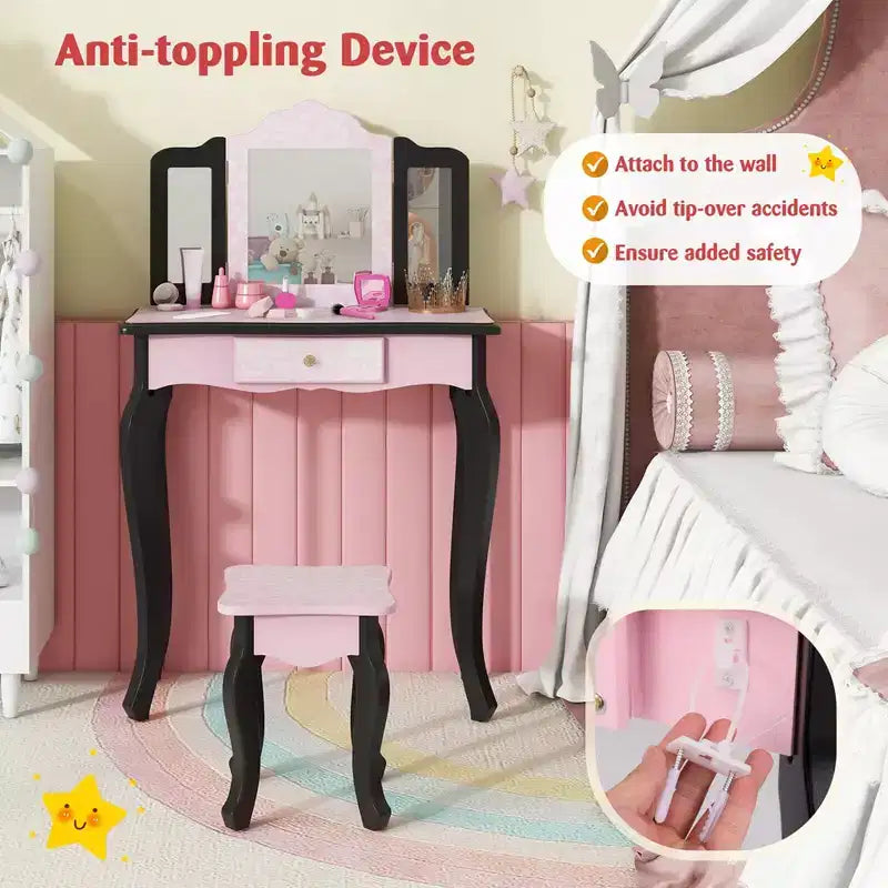 Coiffeuse et Tabouret pour Enfants avec Imprimé Pois Mignon, Miroir Triptyque, Tiroir Rose&Blanc/Rose Clair&Blanc/Rose&Noir/Bleu/Rose