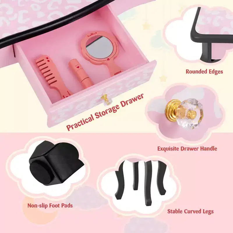 Coiffeuse et Tabouret pour Enfants avec Imprimé Pois Mignon, Miroir Triptyque, Tiroir Rose&Blanc/Rose Clair&Blanc/Rose&Noir/Bleu/Rose