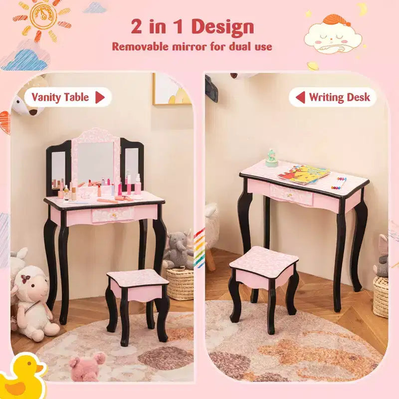 Coiffeuse et Tabouret pour Enfants avec Imprimé Pois Mignon, Miroir Triptyque, Tiroir Rose&Blanc/Rose Clair&Blanc/Rose&Noir/Bleu/Rose