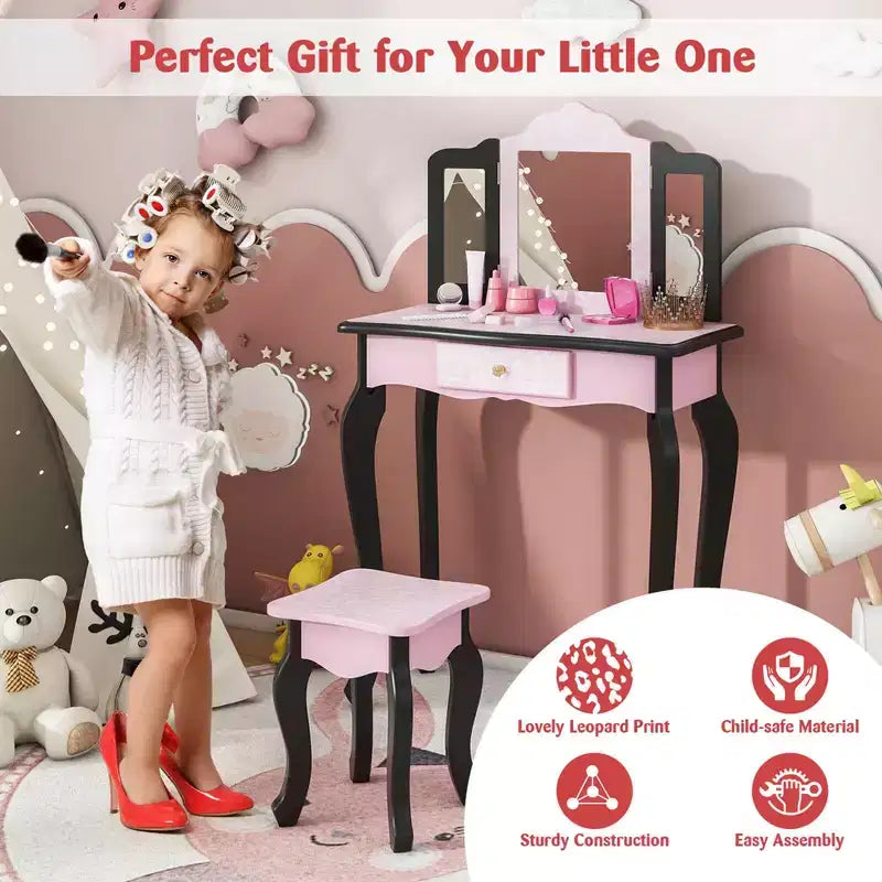 Coiffeuse et Tabouret pour Enfants avec Imprimé Pois Mignon, Miroir Triptyque, Tiroir Rose&Blanc/Rose Clair&Blanc/Rose&Noir/Bleu/Rose