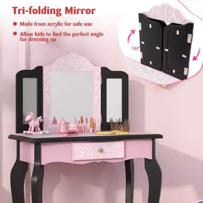 Coiffeuse et Tabouret pour Enfants avec Imprimé Pois Mignon, Miroir Triptyque, Tiroir Rose&Blanc/Rose Clair&Blanc/Rose&Noir/Bleu/Rose