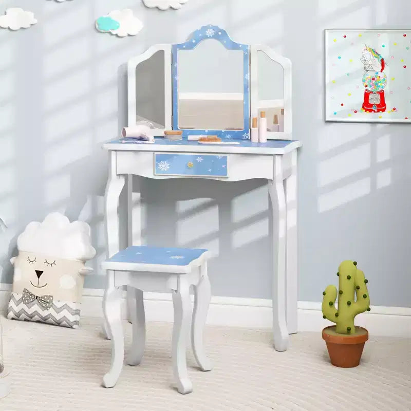 Coiffeuse et Tabouret pour Enfants avec Imprimé Pois Mignon, Miroir Triptyque, Tiroir Rose&Blanc/Rose Clair&Blanc/Rose&Noir/Bleu/Rose