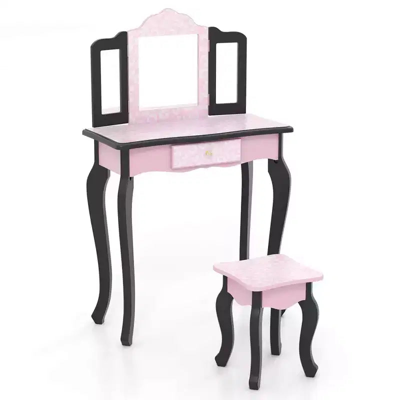 Coiffeuse et Tabouret pour Enfants avec Imprimé Pois Mignon, Miroir Triptyque, Tiroir Rose&Blanc/Rose Clair&Blanc/Rose&Noir/Bleu/Rose