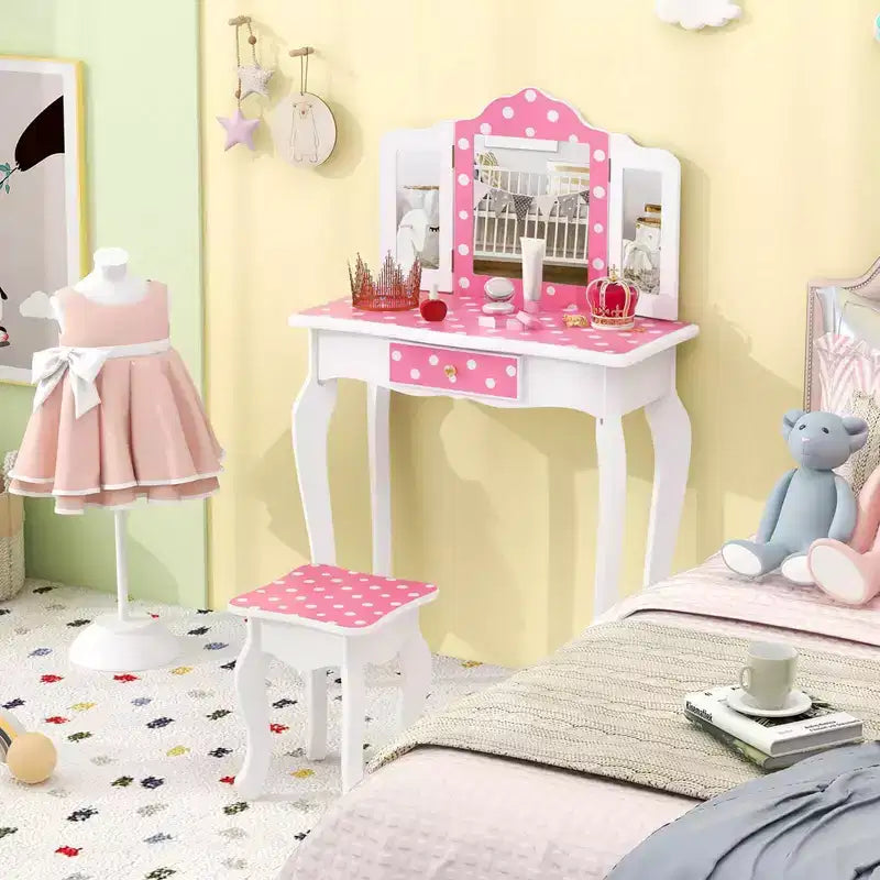 Coiffeuse et Tabouret pour Enfants avec Imprimé Pois Mignon, Miroir Triptyque, Tiroir Rose&Blanc/Rose Clair&Blanc/Rose&Noir/Bleu/Rose