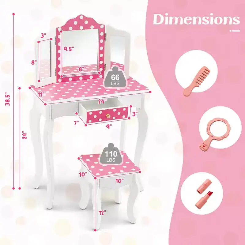 Coiffeuse et Tabouret pour Enfants avec Imprimé Pois Mignon, Miroir Triptyque, Tiroir Rose&Blanc/Rose Clair&Blanc/Rose&Noir/Bleu/Rose