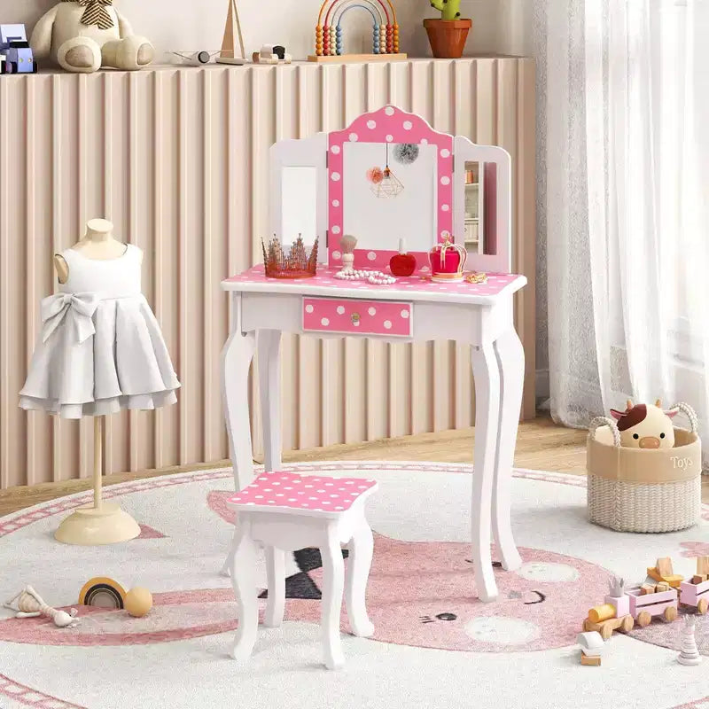Coiffeuse et Tabouret pour Enfants avec Imprimé Pois Mignon, Miroir Triptyque, Tiroir Rose&Blanc/Rose Clair&Blanc/Rose&Noir/Bleu/Rose