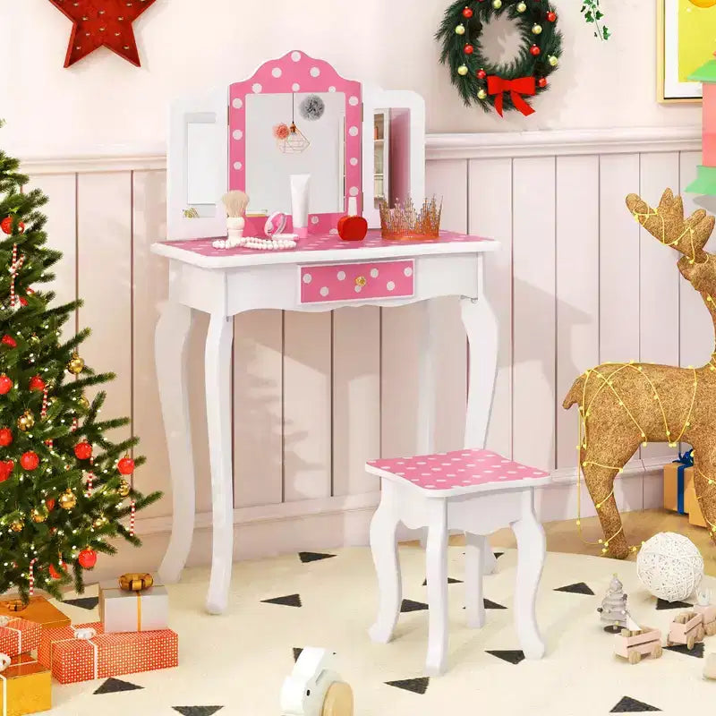 Coiffeuse et Tabouret pour Enfants avec Imprimé Pois Mignon, Miroir Triptyque, Tiroir Rose&Blanc/Rose Clair&Blanc/Rose&Noir/Bleu/Rose