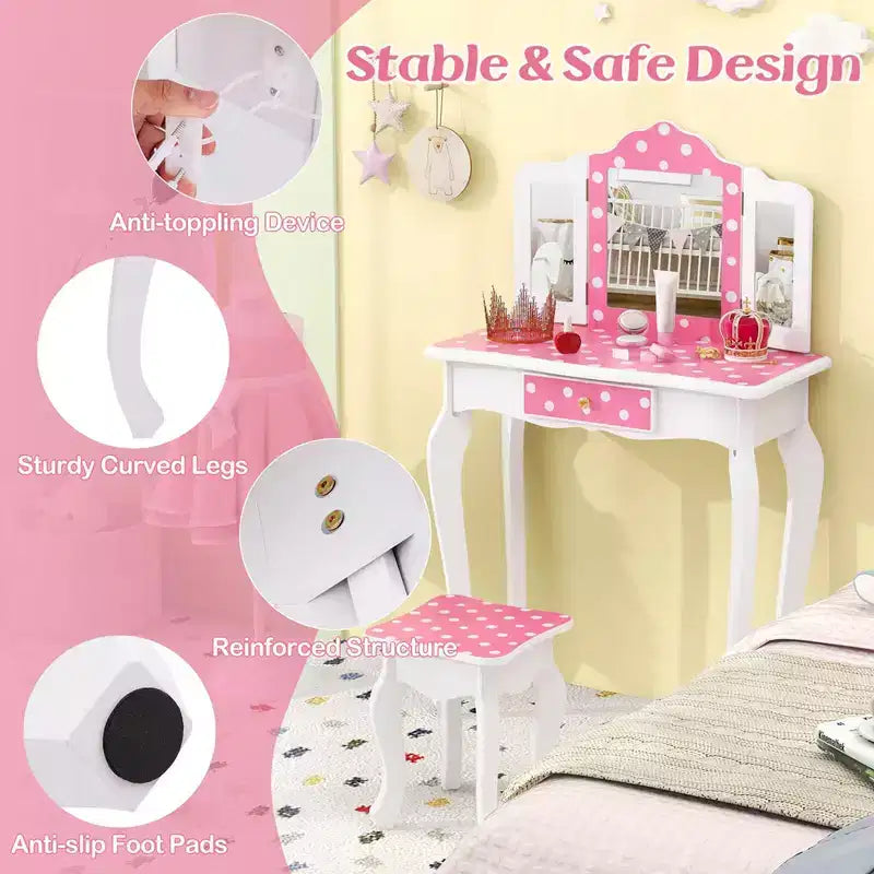 Coiffeuse et Tabouret pour Enfants avec Imprimé Pois Mignon, Miroir Triptyque, Tiroir Rose&Blanc/Rose Clair&Blanc/Rose&Noir/Bleu/Rose