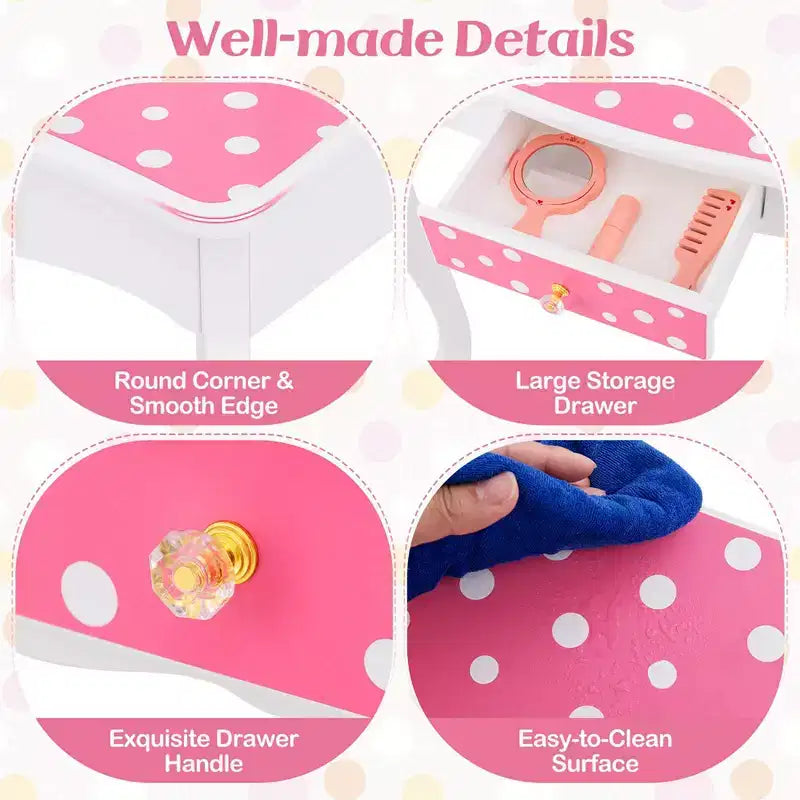 Coiffeuse et Tabouret pour Enfants avec Imprimé Pois Mignon, Miroir Triptyque, Tiroir Rose&Blanc/Rose Clair&Blanc/Rose&Noir/Bleu/Rose