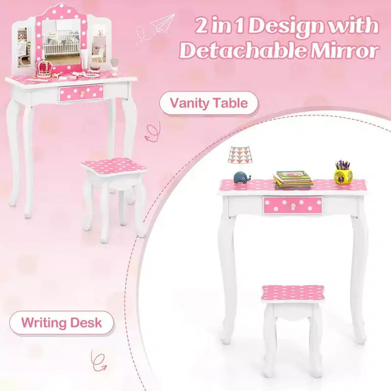 Coiffeuse et Tabouret pour Enfants avec Imprimé Pois Mignon, Miroir Triptyque, Tiroir Rose&Blanc/Rose Clair&Blanc/Rose&Noir/Bleu/Rose