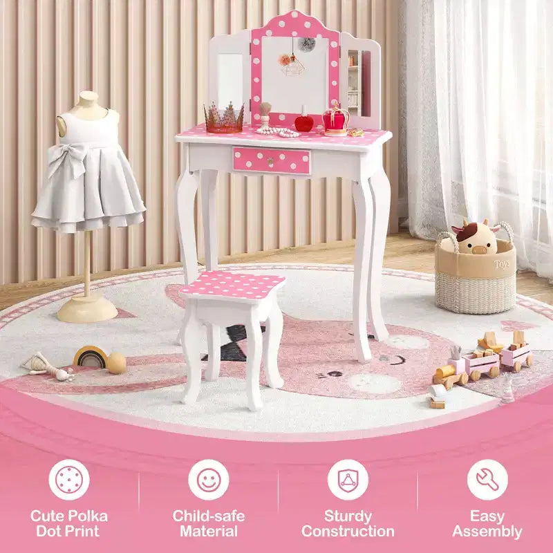 Coiffeuse et Tabouret pour Enfants avec Imprimé Pois Mignon, Miroir Triptyque, Tiroir Rose&Blanc/Rose Clair&Blanc/Rose&Noir/Bleu/Rose