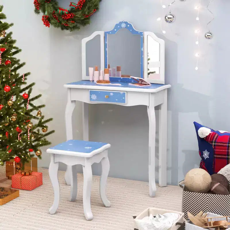 Coiffeuse et Tabouret pour Enfants avec Imprimé Pois Mignon, Miroir Triptyque, Tiroir Rose&Blanc/Rose Clair&Blanc/Rose&Noir/Bleu/Rose
