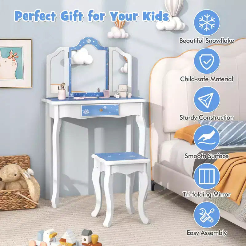 Coiffeuse et Tabouret pour Enfants avec Imprimé Pois Mignon, Miroir Triptyque, Tiroir Rose&Blanc/Rose Clair&Blanc/Rose&Noir/Bleu/Rose