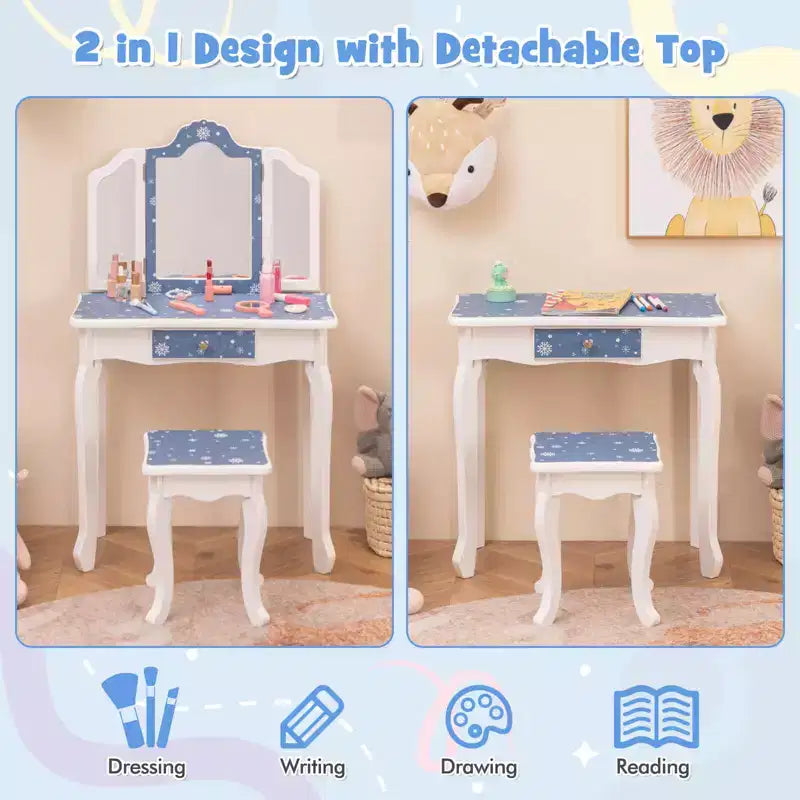 Coiffeuse et Tabouret pour Enfants avec Imprimé Pois Mignon, Miroir Triptyque, Tiroir Rose&Blanc/Rose Clair&Blanc/Rose&Noir/Bleu/Rose