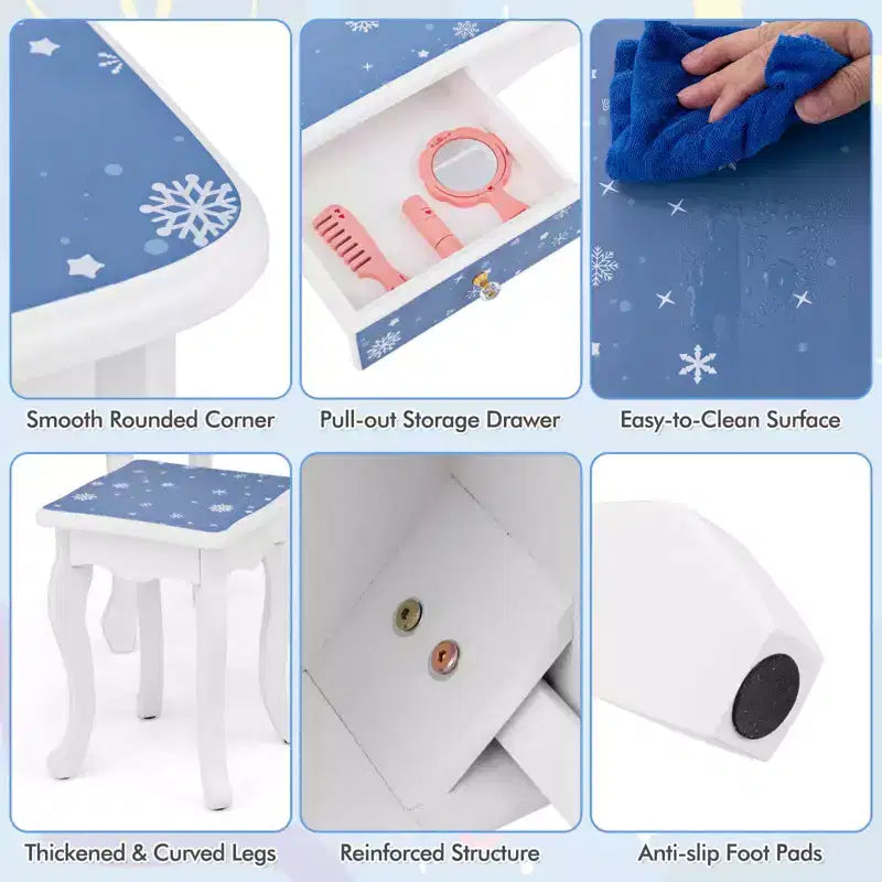Coiffeuse et Tabouret pour Enfants avec Imprimé Pois Mignon, Miroir Triptyque, Tiroir Rose&Blanc/Rose Clair&Blanc/Rose&Noir/Bleu/Rose