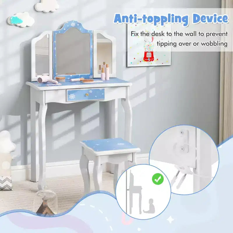 Coiffeuse et Tabouret pour Enfants avec Imprimé Pois Mignon, Miroir Triptyque, Tiroir Rose&Blanc/Rose Clair&Blanc/Rose&Noir/Bleu/Rose