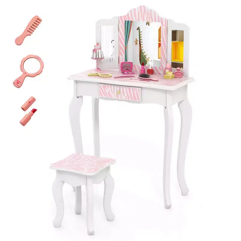 Coiffeuse et Tabouret pour Enfants avec Imprimé Pois Mignon, Miroir Triptyque, Tiroir Rose&Blanc/Rose Clair&Blanc/Rose&Noir/Bleu/Rose