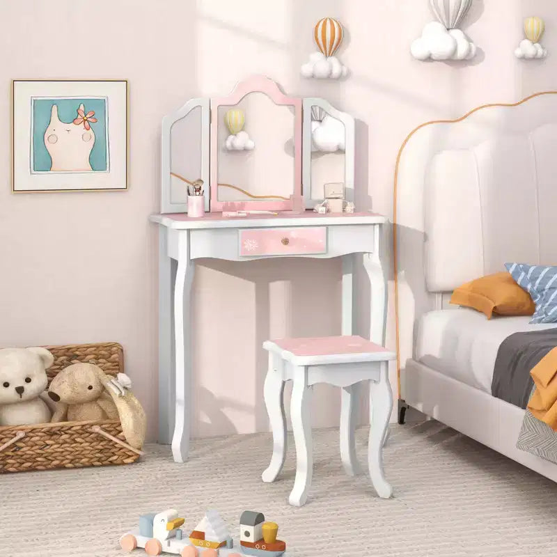 Coiffeuse et Tabouret pour Enfants avec Imprimé Pois Mignon, Miroir Triptyque, Tiroir Rose&Blanc/Rose Clair&Blanc/Rose&Noir/Bleu/Rose