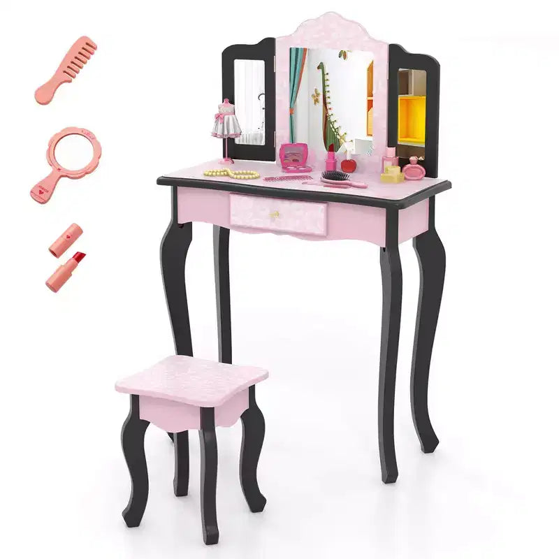 Coiffeuse et Tabouret pour Enfants avec Imprimé Pois Mignon, Miroir Triptyque, Tiroir Rose&Blanc/Rose Clair&Blanc/Rose&Noir/Bleu/Rose