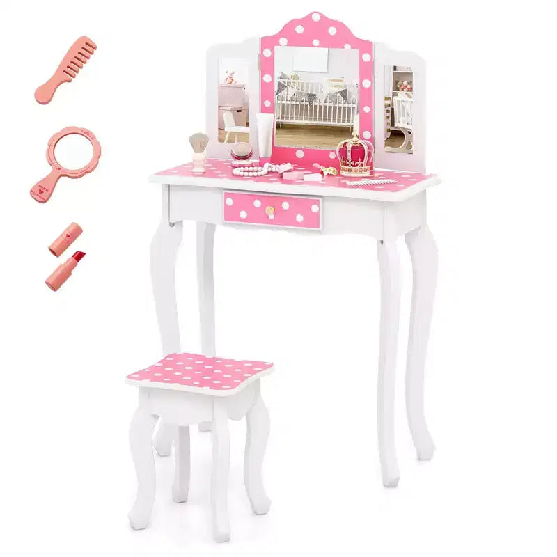 Coiffeuse et Tabouret pour Enfants avec Imprimé Pois Mignon, Miroir Triptyque, Tiroir Rose&Blanc/Rose Clair&Blanc/Rose&Noir/Bleu/Rose