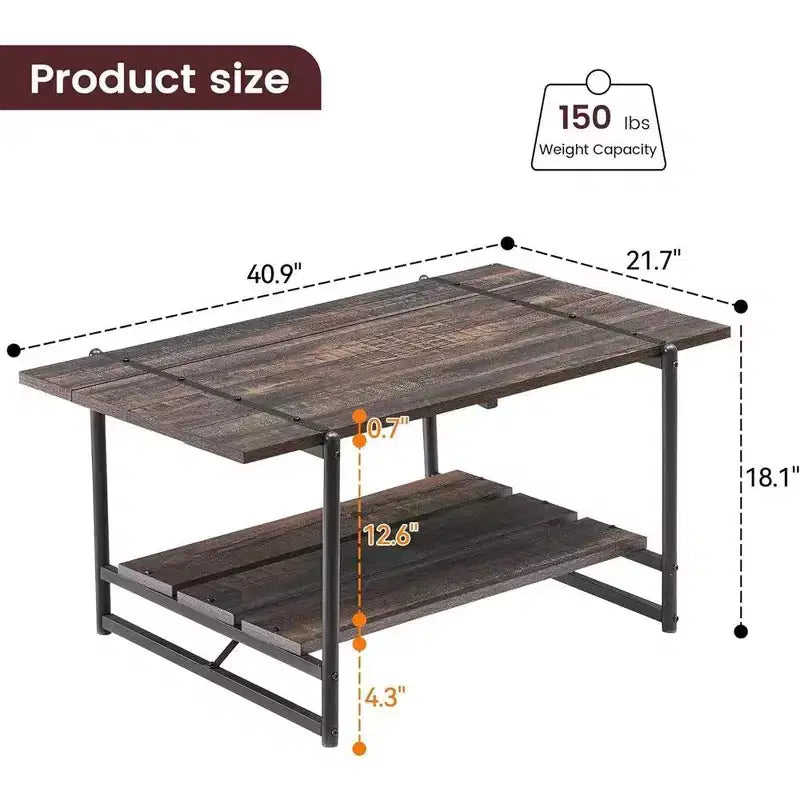 Table basse de ferme à 2 niveaux en bois de 104 cm avec étagère - Moderne et rustique, rectangulaire en métal pour salon