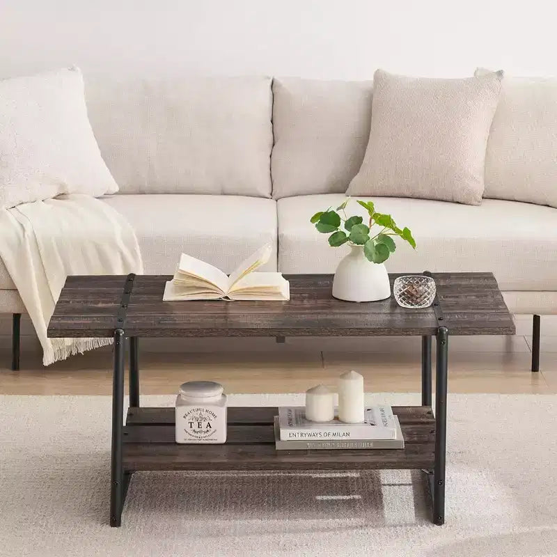 Table basse de ferme à 2 niveaux en bois de 104 cm avec étagère - Moderne et rustique, rectangulaire en métal pour salon