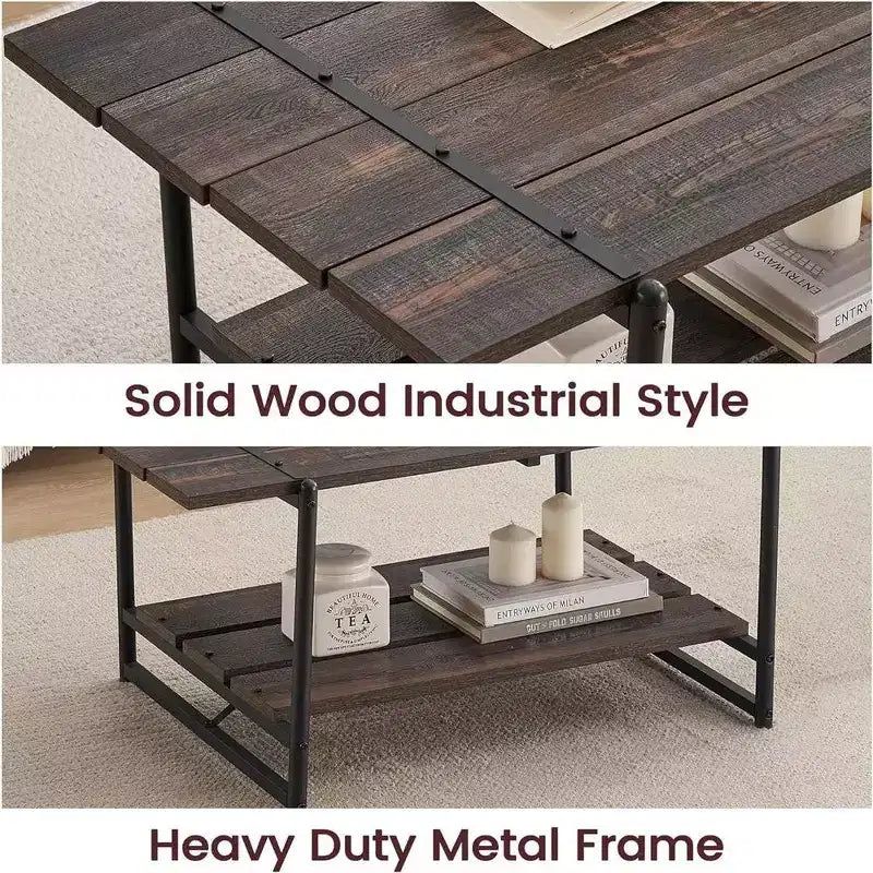 Table basse de ferme à 2 niveaux en bois de 104 cm avec étagère - Moderne et rustique, rectangulaire en métal pour salon