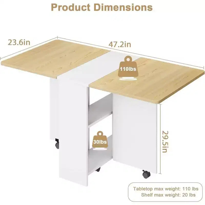 Table à manger pliante, table de salle à manger à abattants avec 6 roulettes et étagère de rangement à 2 niveaux, table à manger peu encombrante pour les petits espaces