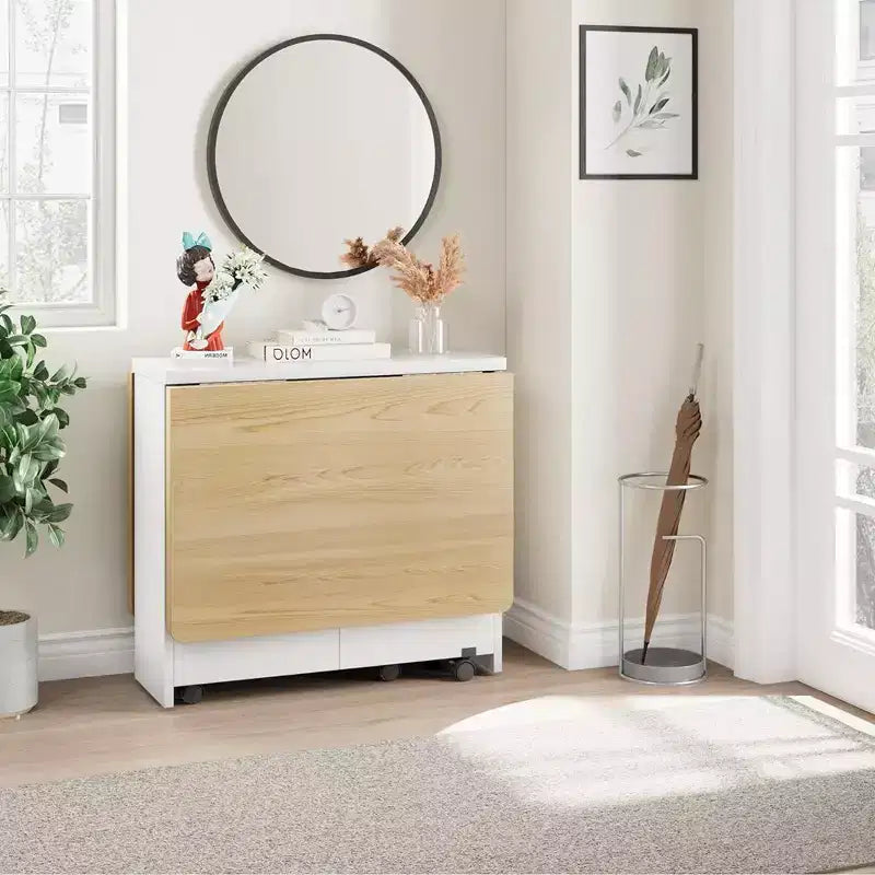 Table à manger pliante, table de salle à manger à abattants avec 6 roulettes et étagère de rangement à 2 niveaux, table à manger peu encombrante pour les petits espaces