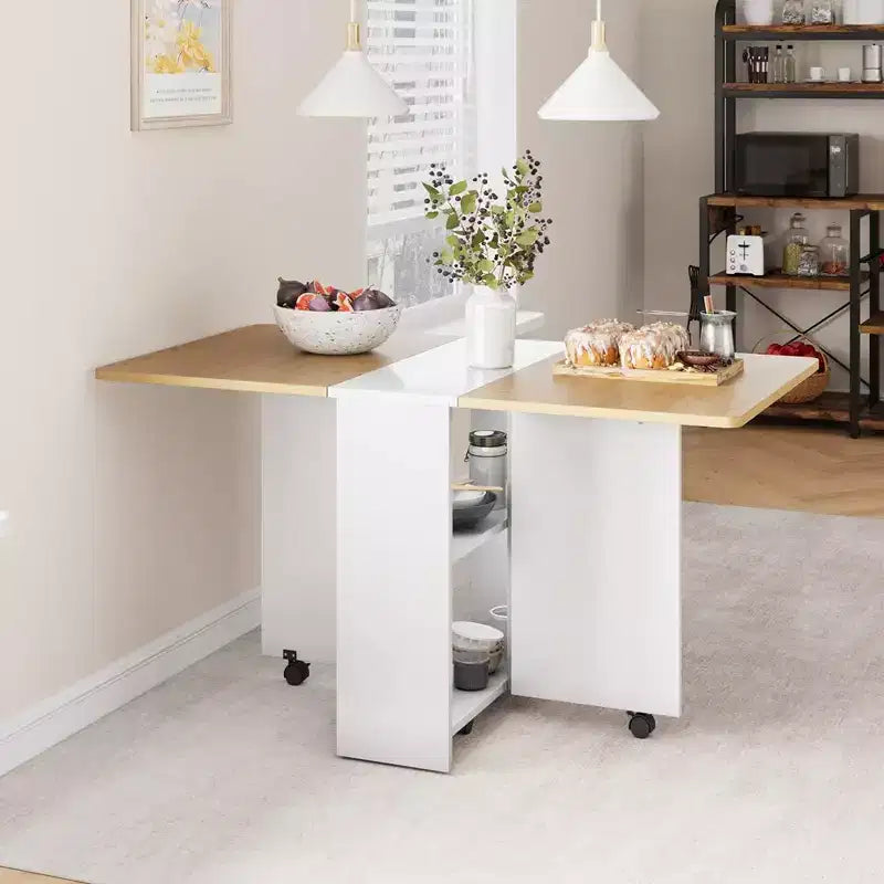 Table à manger pliante, table de salle à manger à abattants avec 6 roulettes et étagère de rangement à 2 niveaux, table à manger peu encombrante pour les petits espaces