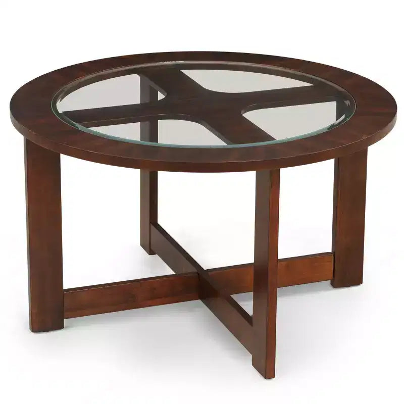 Table basse en bois massif avec plateau en verre et tabourets