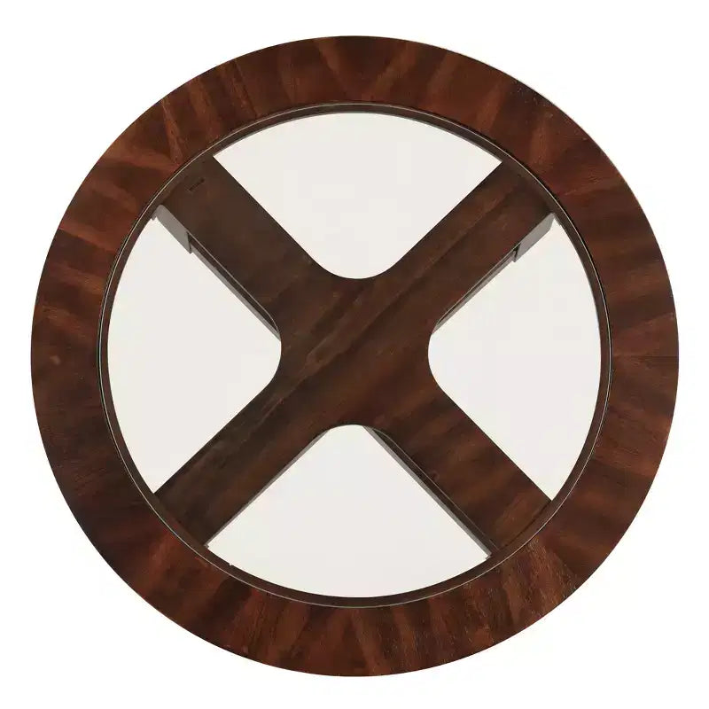 Table basse en bois massif avec plateau en verre et tabourets