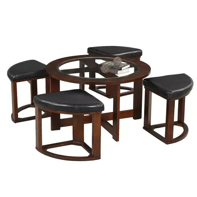 Table basse en bois massif avec plateau en verre et tabourets